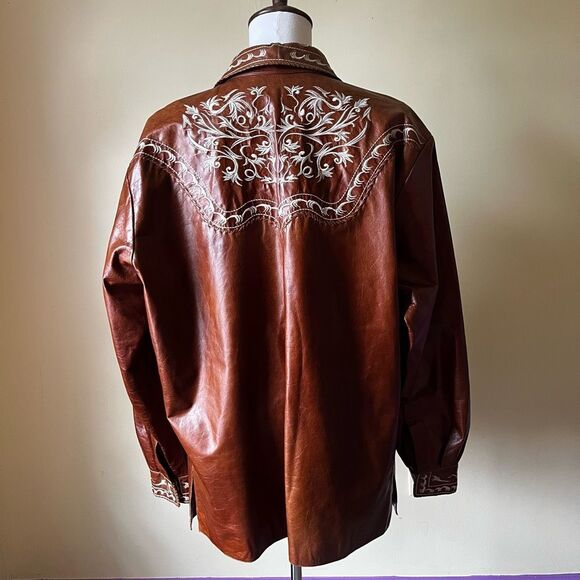 Vintage Ira Hoss Western Leather Jacket XXL Brown Tooled Embroidered Shacket - Picture 9 of 16